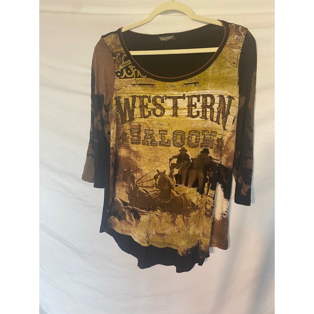 Vanilla‎ Sugar Western Saloon Graphic Top Black Brown 3/4 Sleeve VS7184 Small